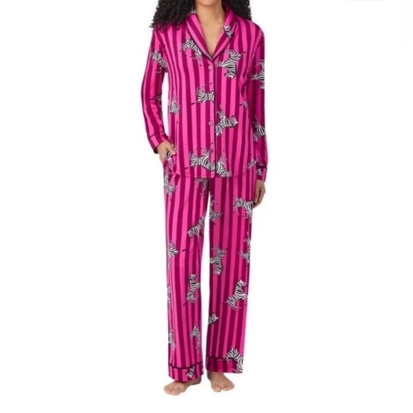 NEW Room Service Women's XL Shawl Collar Pajama Set Pink Zebra & Stripe Pattern - Picture 2 of 3